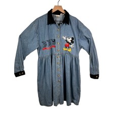 VTG 90s THE DISNEY STORE Mickey Mouse Embroidered Denim Shirt Dress L Hong Kong