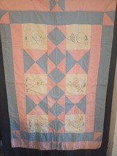 VTG Handmade Hand Tied Crib Quilt Embroidered Nursery Children Pink Blue 38x54