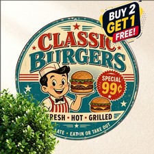 Retro Hamburger Design Round Metal Tin Sign Diner Cafe Kitchen Wall Plaque