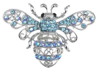 Ice Blue Queen Bee Sparkle Rhinestone Encrusted Insect Bug Brooch Pin