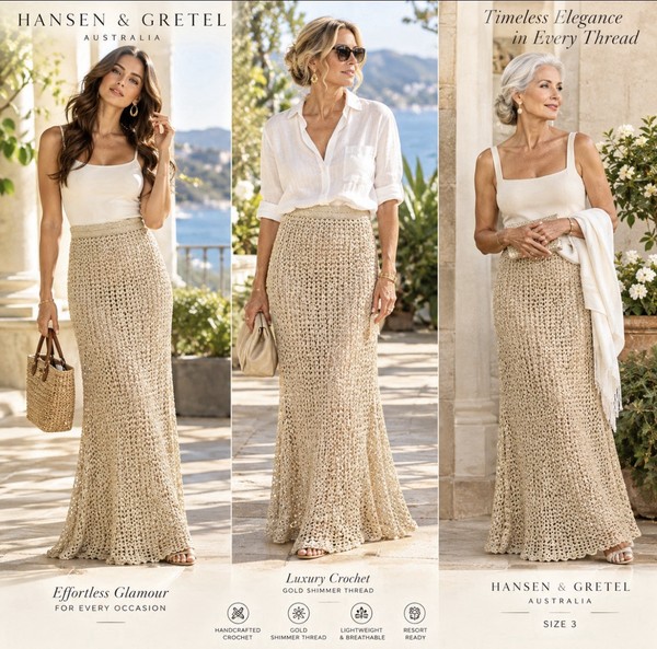 Hansen & Gretel Beige Gold Shimmer Crochet Maxi Skirt Size 3