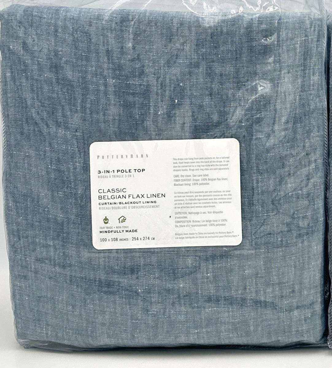 Rideau drapé occultant lin poterie grange Emery bleu aube 100x
