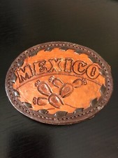 Vintage Collectible Mexico Cactus Faux Leather or Leather and Metal Belt Buckle