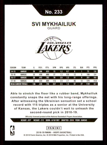 2018-19 Hoops #233 Svi Mykhailiuk RC - Picture 2 of 2