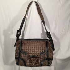 MAXX New York Brown Canvas Print Trimmed w/ Leather Shoulder Handbag Nice 
