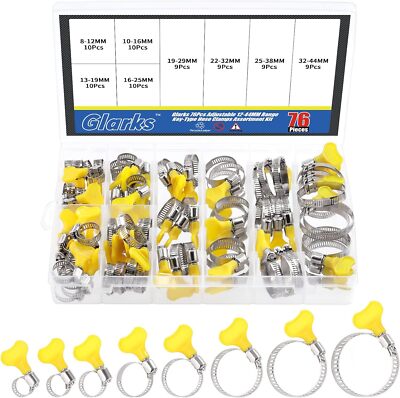 76Pcs Adjustable 8-44MM Range Hose Clamps Assortment Kit Key-Type Stainless Stee
