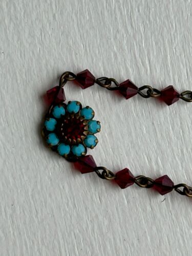 Vintage Liz Palacios Messingfarben Rot Blau Österreichische Kristall Blume Halskette - Bild 3 von 9