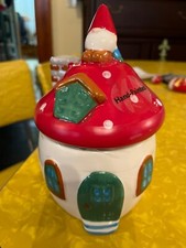 NEW Holiday Time GNOME HOUSE 3D Hand Painted Earthenware Candy/Nuts Storage Jar