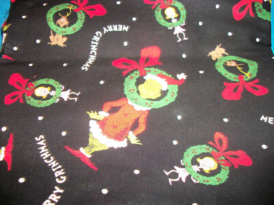 How The Grinch Stole Christmas Wreaths on Black Cotton Fabric   BTY   36'' x 44''