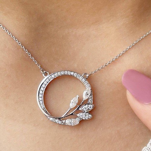 Women's Circle Pendant Necklace Marquise & Round Lab Created Diamond 925 Silver - Picture 4 of 4