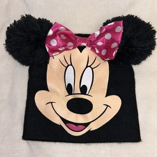 Minnie Mouse Knit Hat Girls Beanie Youth Kids Black Pink Bow Disney EUC