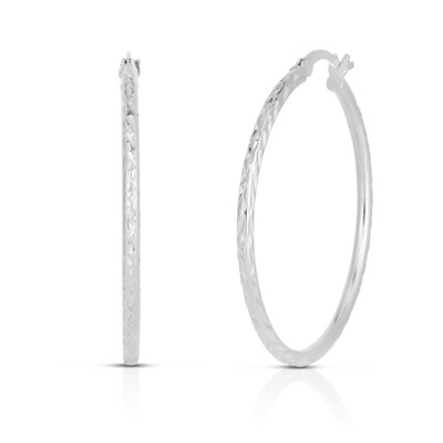 925 Sterling Silver Diamond Cut French Lock Round Hoop Earrings Sizes 25MM-40MM