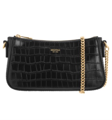 New Black Croc Leather Oroton Inez Texture Chain Wrislet Bag