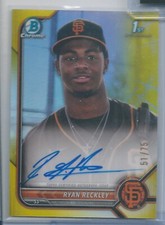 2022 Bowman Chrome Ryan Reckley Yellow Refractor Auto 51/75 Giants Prospect RC