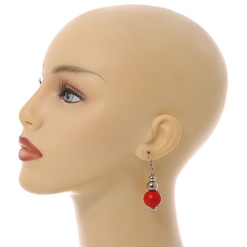 Wooden and Acrylic Bead Long Set in Red/ Silver Colours/ 70cm Long - Picture 3 of 4