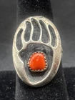 Vintage Navajo Sterling Silver Coral Stone & Bear Paw Design Ring Sz 8 (J)