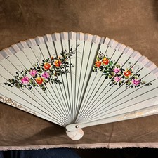 Antique hand painted floral light blue ladies fan wood sticks with Fabric 1940s