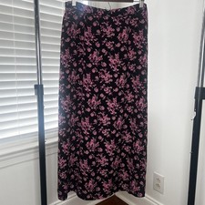 Sag Harbor Vintage Pink Floral Maxi Skirt Size 14 Elastic Back Zip Black Floral  