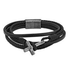 Triple Band Dark Brown Leather and Antique Stainless Steel Cross Bracelet - 8.5"