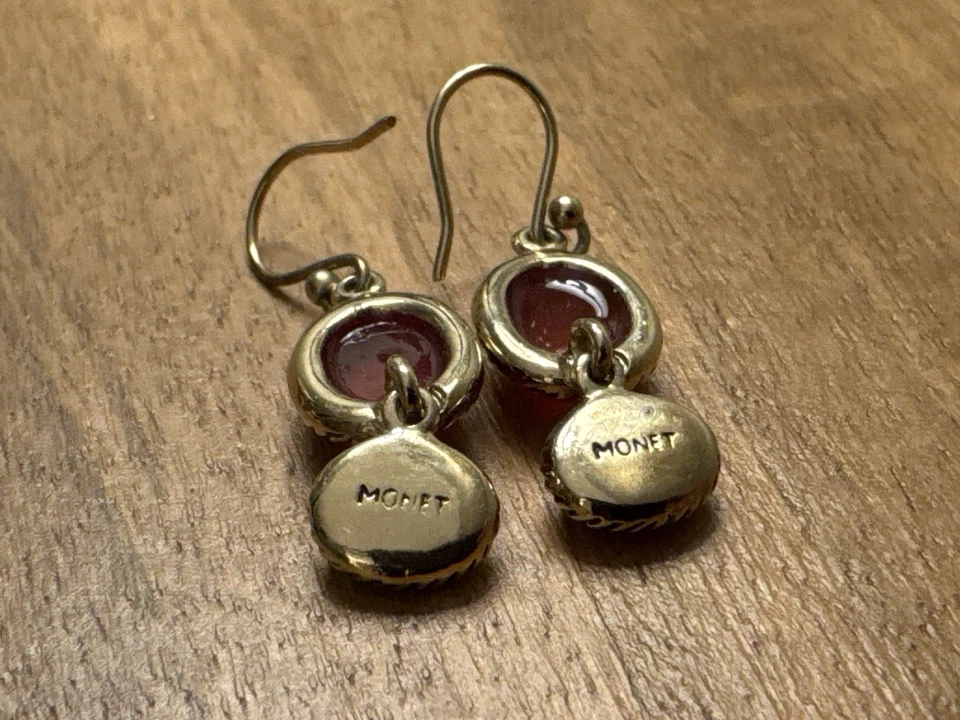 Pendientes colgantes vintage de cabujón de vidrio rojo y naranja Monet tono dorado cuerda Foto 3 de 3