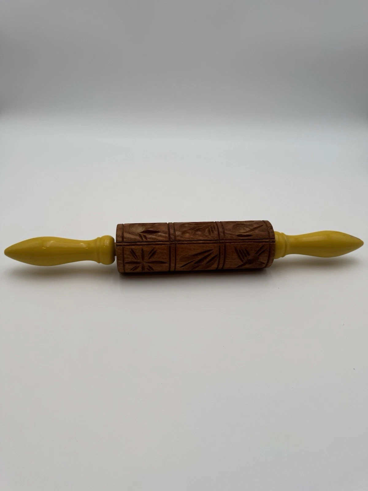 14” Springerle Rolling Pin With Wooden Cutouts And Yellow Handles