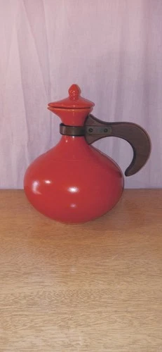Red Wing Pottery Gypsy Trail Orange Wood Handle Pitcher c1930s Made in USA