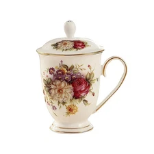Fine Bone China Coffee Mug Tea Cup, Floral Tea Mugs with Lid 10oz/300ml Capacity