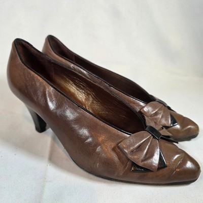 Vintage 1980s Peter Kaiser Brown Leather Bow Pumps West Germany Heels Womens 7M