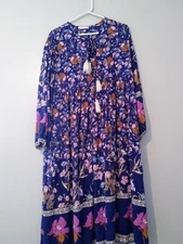 R Vivimos Boho Midi Dress 2XL Colorful  Floral V Neck  Tassels Hippie Peasant 