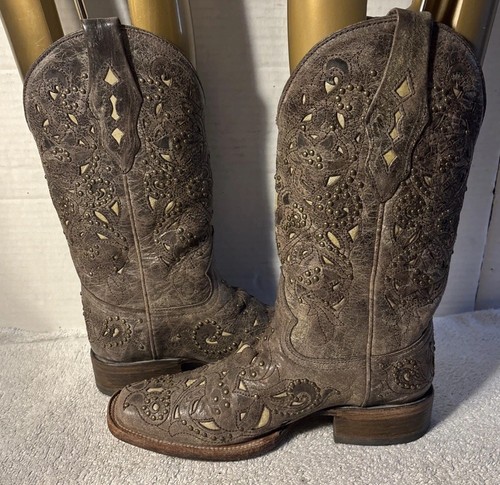 Corral 1121 Bone Crater Brown Leather Pull On Western Cowgirl Boots Womens 7.5 M - Picture 5 of 13