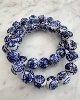 Vintage Chinese Hand Painted Blue & White Porcelain Bead Stretch Bracelets