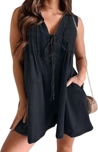 Womens Sleeveless Denim Romper V Neck Tie Front Jean Shorts Jumpsuit Pockets - Picture 5 of 41