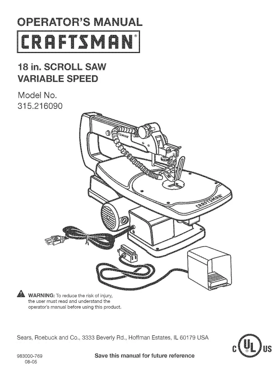 Assembly Operator Repair Manual Fits Craftsman 18 inch Scroll Saw 315.216090