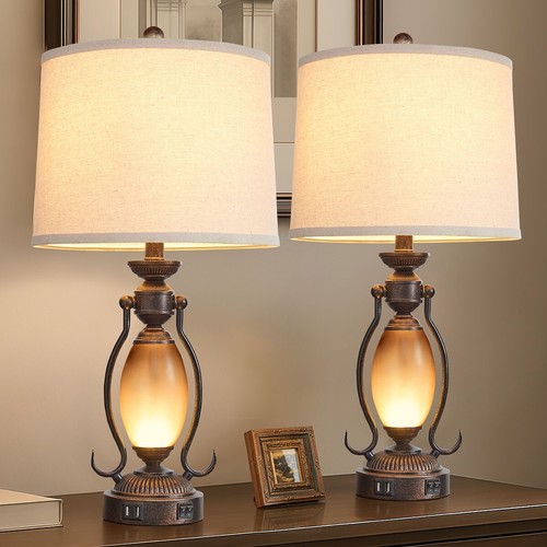 ✨ 2-Pack 25.5" Vintage Bronze Table Lamps | Night Light + Dual USB Ports✨ - Image 1