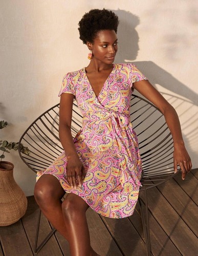Boden Womens Dress UK 8R US 4R Viscose Pink Yellow Paisley V Neck Short Sleeve - Picture 12 of 12