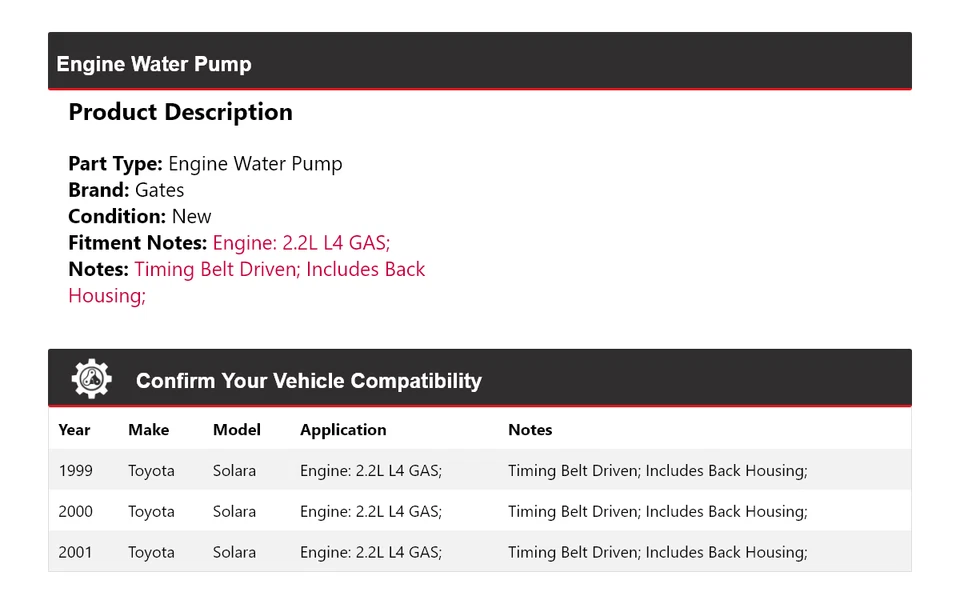 Para Toyota Solara 1999-2001 2,2 L L4 Motor Gas Bomba Agua Puertas 2000 Foto 2 de 4