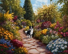 Giardino vittoriano con bordo collie dipinto ad olio stampa 8x10 