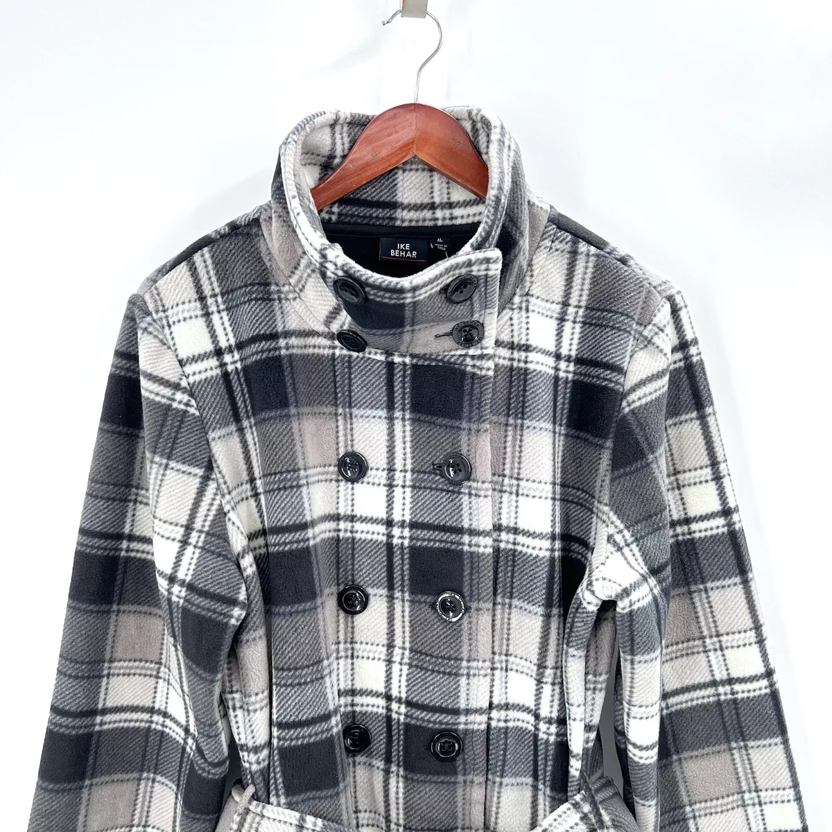Ike Behar Black Gray Plaid Fleece Double Breasted Winter Coat