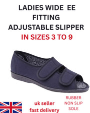 Ladies wide fitting touch fastening slipper peep toe ee fitting rubber sole navy