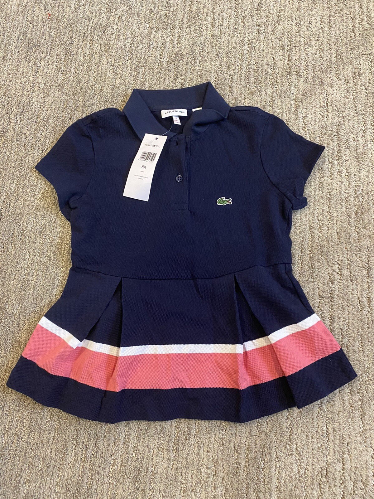 "Vestido polo de piqué de algodón para bebé Lacoste azul marino rosa blanco manga corta 128 cm 51"" 8"