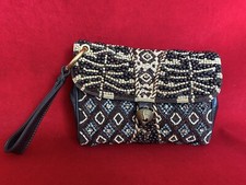 Roberto Cavalli Ethnic Crystal Beaded Brown Leather Clutch Wristlet Handbag