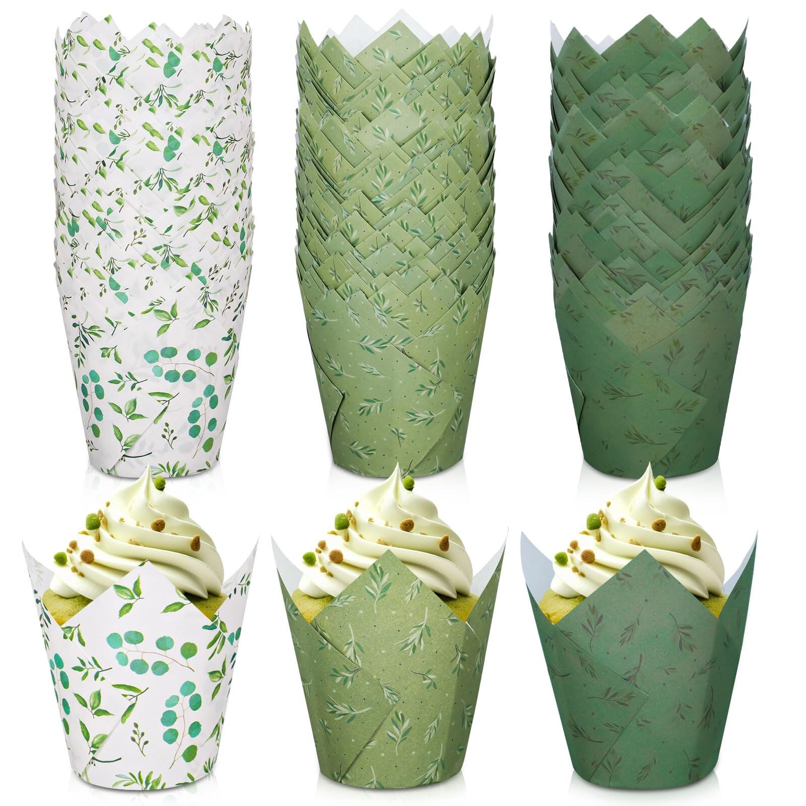 Whaline 180Pcs Greenery Tulip Cupcake Liners Eucalyptus Olive Leaf Muffin Bak...