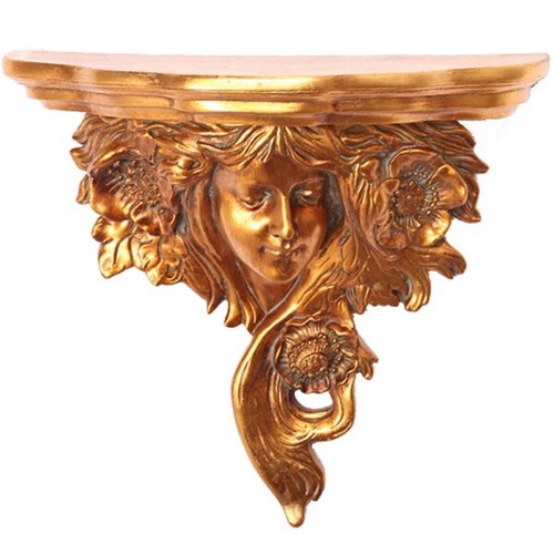 Console d'applique étagère soutenue par un ange en résine dorée - 38 cm Console d'applique étagère soutenue par un ange en résine dorée - 38 cm