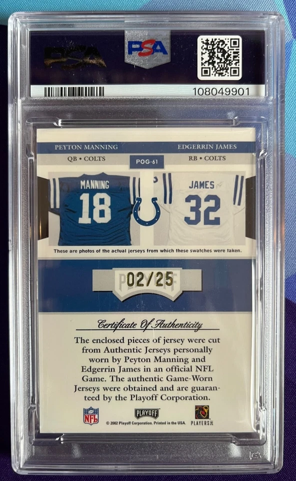 2002 Playoff POTG /25 Peyton Manning Edgerrin James #POG-61 PSA 8 - POP 1 - Image 2 of 3