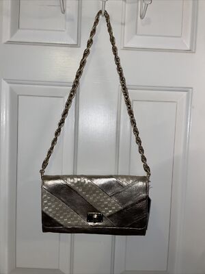 ELLIOTT LUCCA Women's Metallic Gold Bronze Leather Shoulder Bag / Clutch Purse