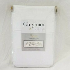 2 Gingham 300TC 100 Cotton Sateen White Solid Standard Pillowcases 1 Pair NIP