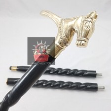 Victorian Brass Horse Handle Head Spiral Cane Vintage Wood Carved Walking Stick