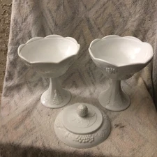 Vintage 1970’s white milk glass pedestal covered dish grapevines Set Of 2. 1 Lid
