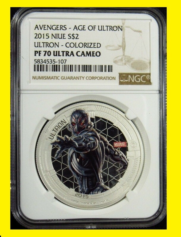 2015 MARVEL AVENGERS 1 OZ SILVER COLORIZED ULTRON PERFECT NGC 70 POP 166