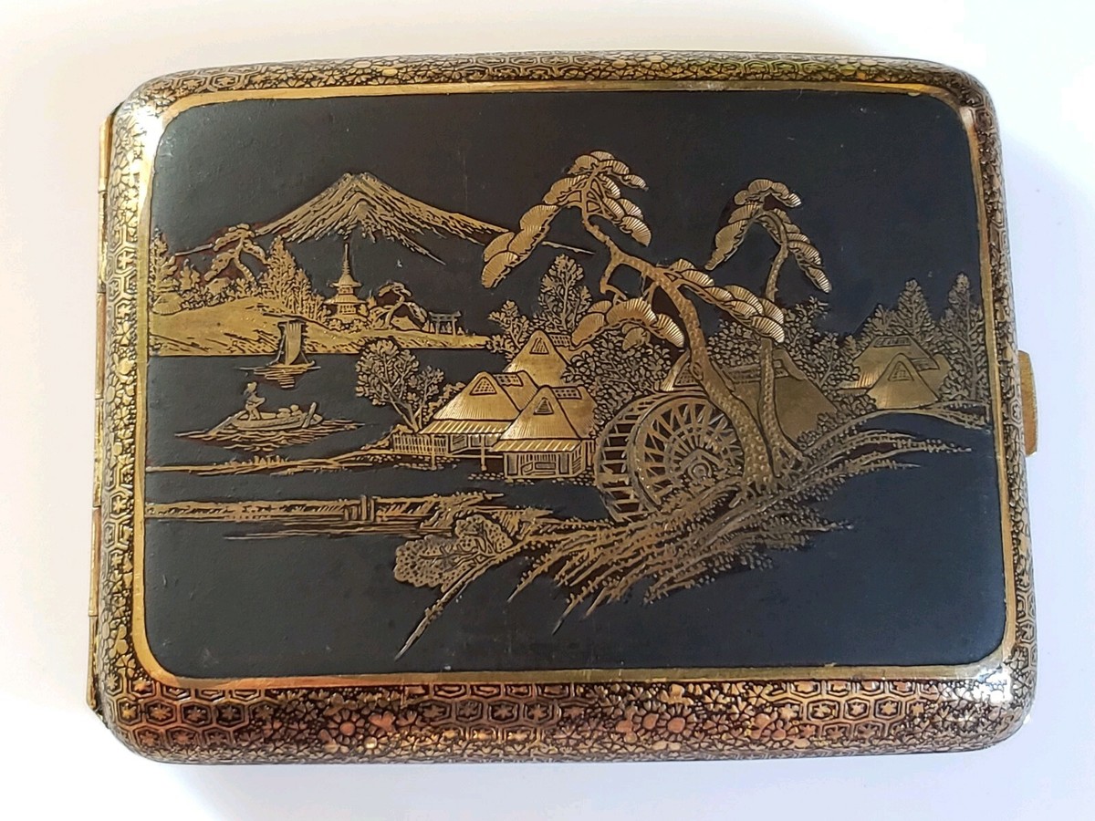 antique japanese cigarette case FINE JAPANESE KOMAI STYLE IRON GOLD INLAY CIGARETTE CASE
